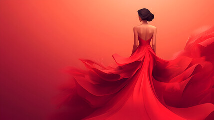 Fototapeta premium A woman in a dramatic, voluminous red gown with an expansive train stands facing away from the viewer in a grand,