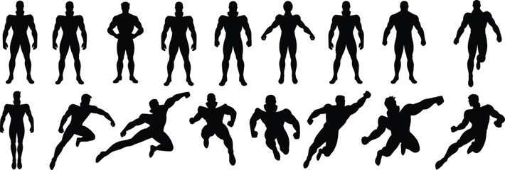 Superhero silhouette bundle, dynamic hero poses, flying male character set, comic style vector figures, action graphic for design projects © Legend Monir