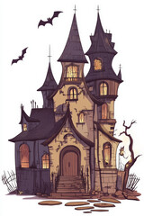 Haunted House Halloween Illustration. Illustration of a spooky haunted house with bats flying around, perfect for a Halloween t-shirt design.