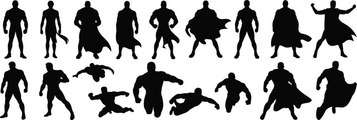 Superhero silhouettes vector set, flying action pose, muscular man figure, cape hero clipart, comic style, shadow characters collection