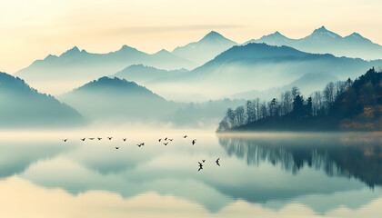 Fototapeta premium Serene misty mountain lake landscape with flock of birds flying over calm water, reflecting mountains. Perfect for meditation, nature, travel, and tranquility themes.