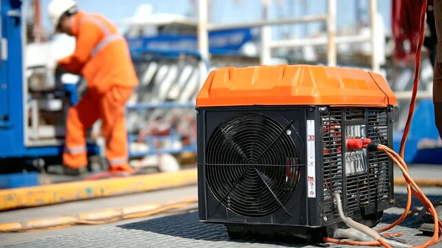 A high-resolution scene of an orange portable generator with active fan vents and running cables, as a technician in an orange safety suit conducts routine maintenance with focus
