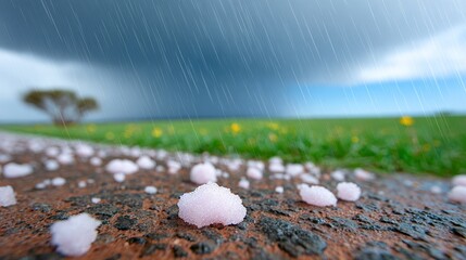 A heavy rainstorm with hail is filmed in a low angle shot as the hail hits the asphalt, illustrating the connection between the hail, asphalt, and the rainstorm as a weather phenomenon