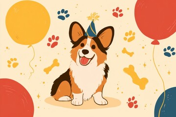 Cute corgi dog celebrating birthday with balloons and decorations  