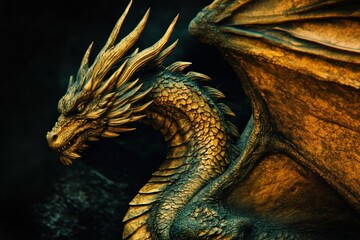 Detailed view of a golden dragon statue.