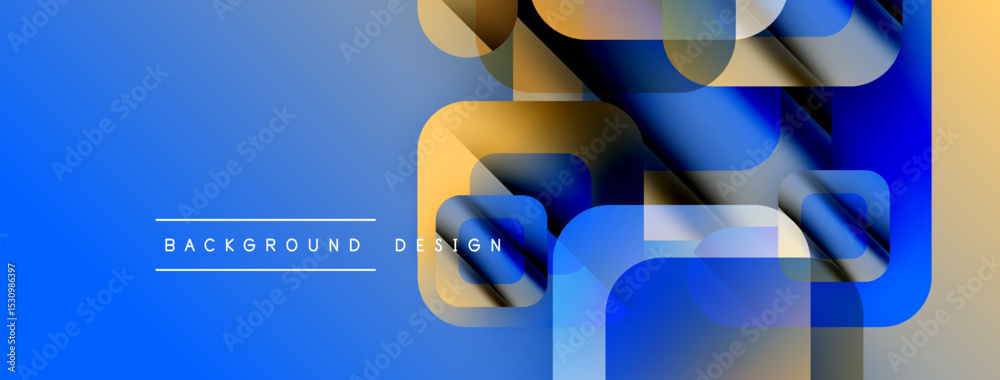 Aufkleber abstract geometric shapes overlap, creating vibrant blue, gold gradients. text reads background desi