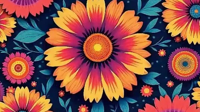 boho flower animation, 70s vector background, psychedelic flower loop, retro spinning floral, vintage floral video, fast rotation vector flower, colorful boho loop, hippie flower motion, seamless boho