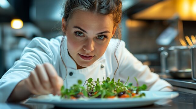 Focused female chef garnishing plate with greens under warm kitchen lights, showing attention to detail. Concept of culinary artistry and professionalism