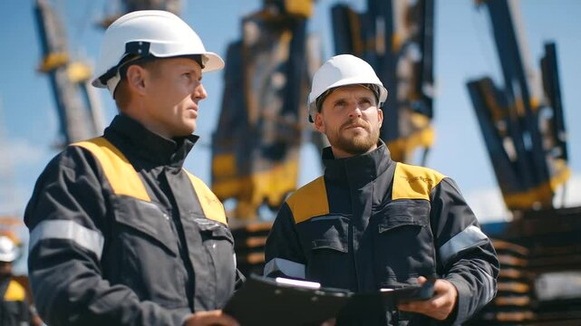 Close-up of two shipbuilders in helmets and coveralls discussing hull alignment, surrounded by towering steel ribs of half-built cargo ship