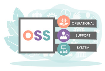 OSS - Operational support system acronym. business concept background. vector illustration concept with keywords and icons. lettering illustration with icons for web banner, flyer, landing page