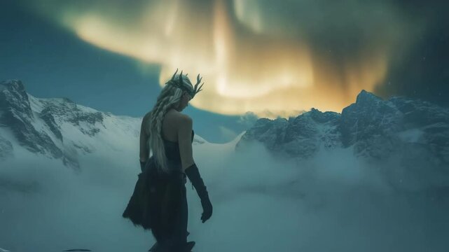 Powerful viking woman wearing a horned headdress standing on a snowy mountain peak, contemplating the mesmerizing northern lights illuminating the night sky and the surrounding foggy valleys