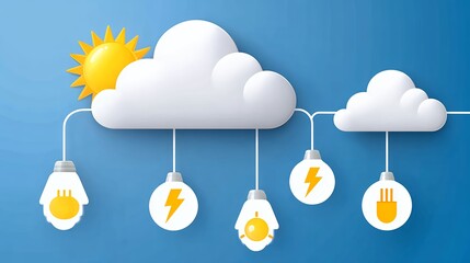 Bright Yellow Sun and White Clouds Powering Lightbulbs on Blue Background