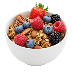 Bowl of granola with berries and nuts isolated on transparent background