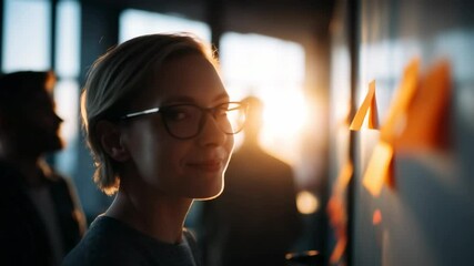 Woman in office writes on whiteboard with sticky notes during golden hour meeting - Powered by Adobe