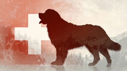 Silhouette of a Saint Bernard dog representing Switzerland with emphasis on flag colors and national associations against a mountain backdrop