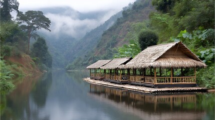 Misty Mountain River Scene with Bamboo Raft Houses