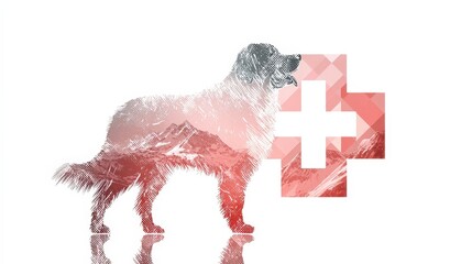 Silhouette of a Saint Bernard dog representing Switzerland with colors reflecting the national flag and mountainous landscape