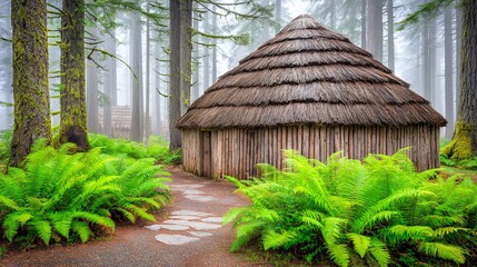 Mist Shrouds Thatched Hut in Lush Green Forest