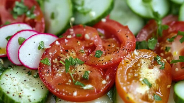Salad with cucumber, tomato, red onion, parsley, olive oil, garlic and herbs