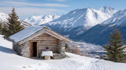 Picturesque Snowy Mountain Cabin Landscape