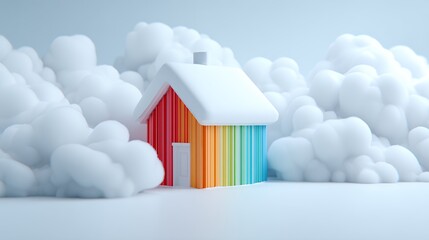 Rainbow Striped House in Snowy Cloudscape A Whimsical 3D Render