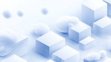 Obraz premium Abstract illustration of interconnected cubes and clouds in light blue tones.