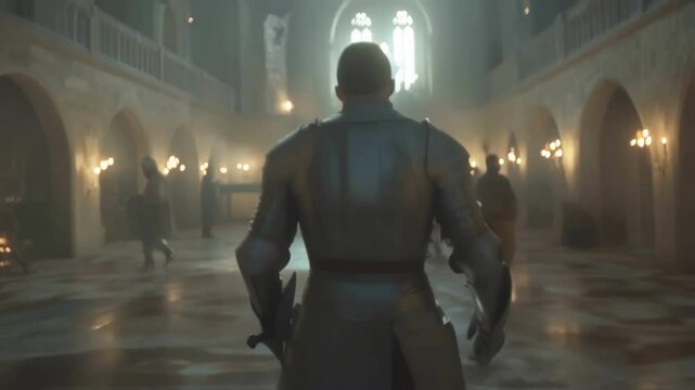 Medieval knight walking confidently through stone corridor, wearing full plate armor and carrying sword, advancing toward impending battle with resolute determination