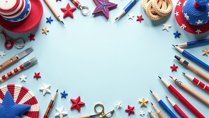 Obraz premium Patriotic Crafting Supplies on Blue Background
