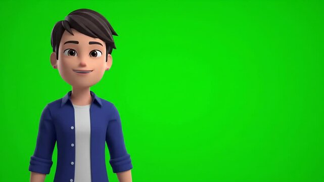 Animated cartoon boy character presenting on solid green background