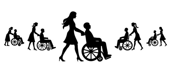 Women Pushing Wheelchair Of Patient Silhouette Black Filled - Vector Illustration Icon.