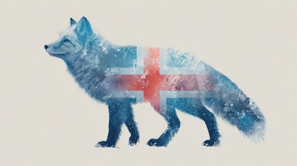 Arctic fox representing Iceland with colors of the national flag in a striking silhouette design
