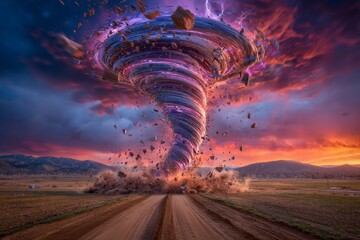 Fototapeta na wymiar A tornado is set amidst a dramatic stormy landscape to examine the effects of climate change and natural disasters