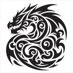 Obraz premium Tribal Dragon Silhouette Vector,Illustration of a round dragon on a white background,A black dragon vector illustration shows a tribal animal silhouette, perfect as a tattoo design or fantasy art elem
