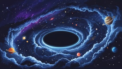 A vast galaxy showcases swirling clouds of purple and blue, encircling a black hole. Colorful planets orbit around, creating a captivating cosmic vista under a starry sky