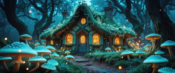 Fototapeta premium A whimsical cottage nestled in a lush, enchanted forest during twilight. Glowing mushrooms illuminate the surroundings, creating a magical atmosphere filled with wonder