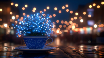 Magical illuminated plant in a blue teacup on a table at night with blurred city lights in the background.