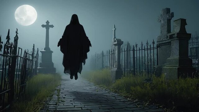 月明かりの墓地、恐怖のハロウィンナイト、不気味な影と幽霊