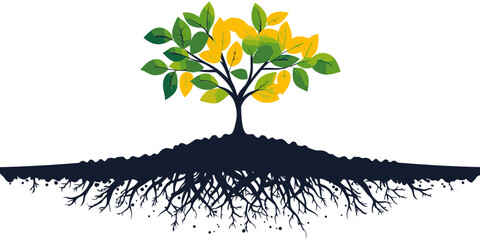 Stylized tree illustration showcasing green leaves and yellow flowers with detailed roots in a flat vector design
