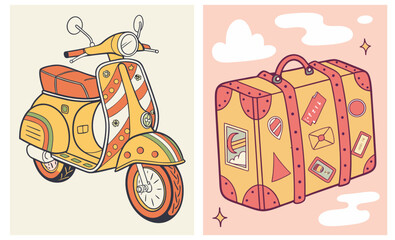 Set of two vector illustrations on the theme of travel: emodan with bright stickers, bright scooter, naive illustration, for adventure marketing and holiday promotions