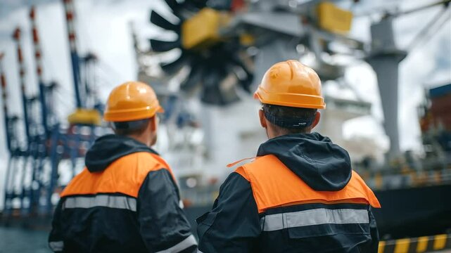 Two engineers in orange helmets and safety gear stand next to towering rudder, discussing ship stabilization systems
