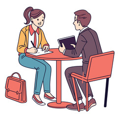Business Job Interview concept. Vector cartoon illustration of a young woman asking questions and a man in a suit answering them while sitting at a table. Isolated on background