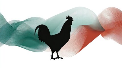 Silhouette of Barcelos rooster symbolizing Portugal with vibrant waves in flag colors representing cultural pride