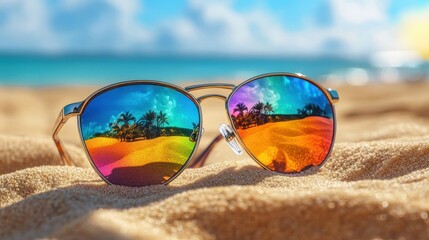 Obraz premium Colorful sunglasses on sandy beach tropical paradise photograph bright day close-up view summer vibes