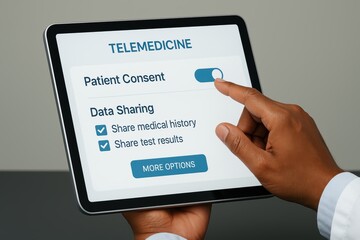 Digital Tablet Displaying Telemedicine Patient Consent Settings and Data Sharing Options