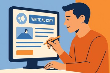 Young man writing advertising copy on desktop screen, AI generated