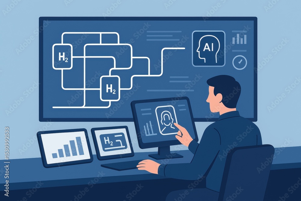 Poster person analyzing data on multiple screens with ai technology and graphs in a modern office environme