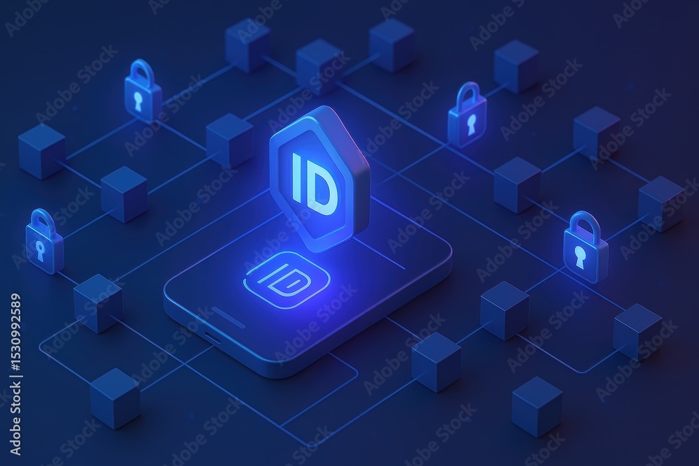 Poster digital identity management concept with smartphone and security elements in a modern design