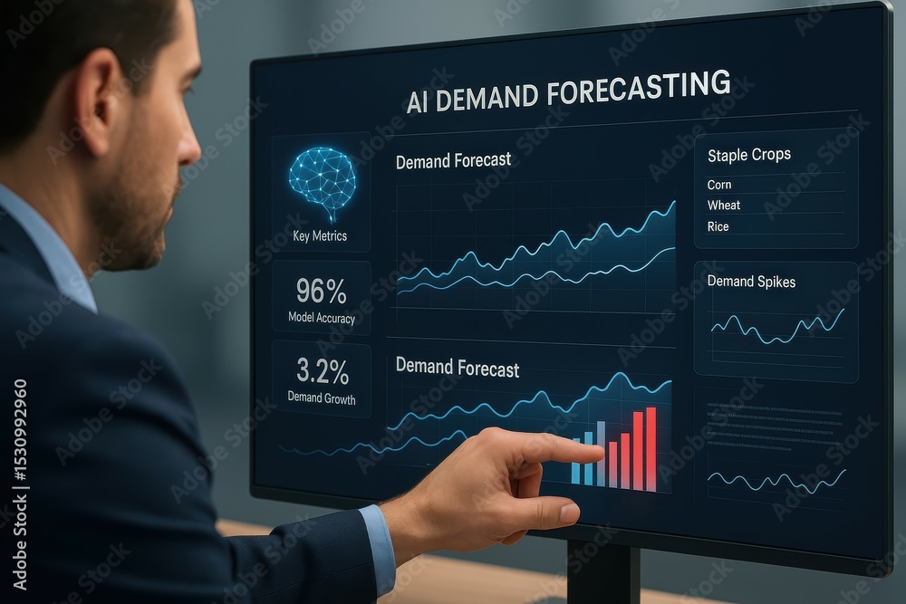 Poster ai demand forecasting dashboard with graphs and statistics for market analysis of key metrics