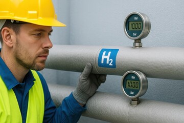 Worker Monitors Hydrogen Gas Pressure with Gauge in Industrial Facility Environment