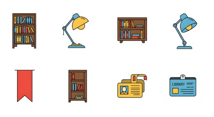 Vector illustration set of library equipment, including books, shelves, desk lamps, and identification cards for study.